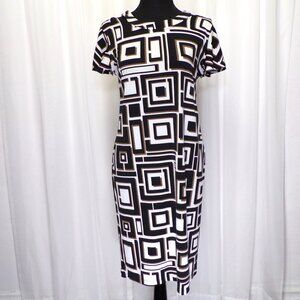 Chico's Midi Shift Dress Womens 0 US 4 Small White Brown Black Cold Shoulder Mod